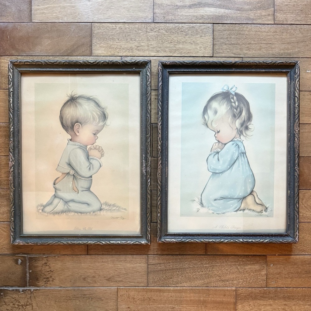 2pc VTG 50s MCM Charlot Byj Praying Children Prints Original Wood Frames 18x14"